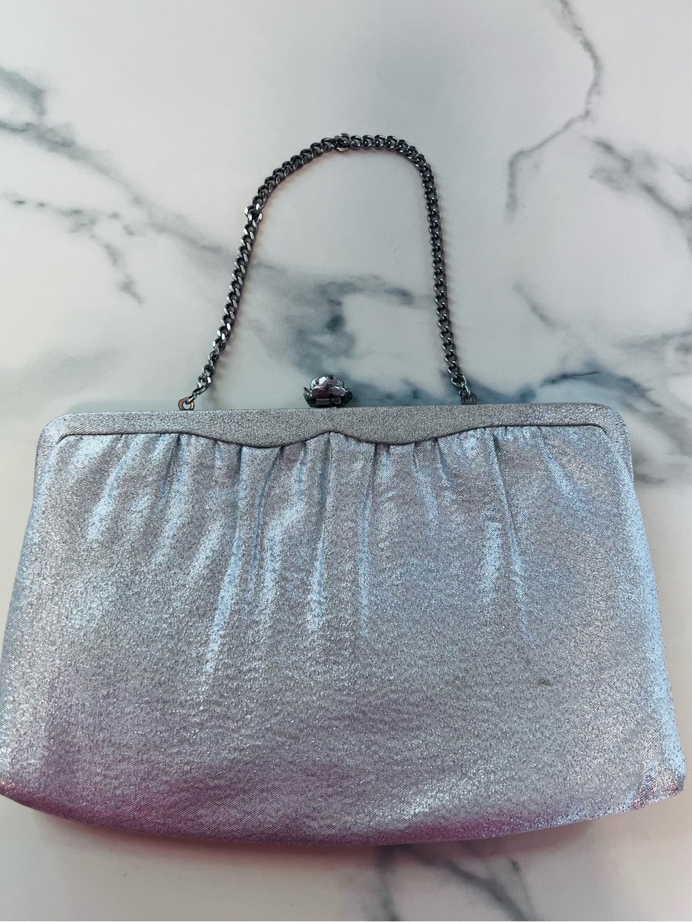 Vintage Silver Metallic Textile Evening Clutch Chain Handle Rhinestone Clasp